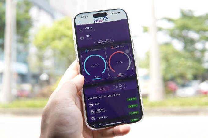 Đo tốc độ mạng 5G bằng ứng dụng i-Speed. Ảnh: