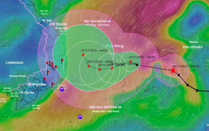 Dự báo hướng đi và vùng ảnh hưởng của bão Koto, sáng 26/11. Ảnh: Hệ thống giám sát thiên tai