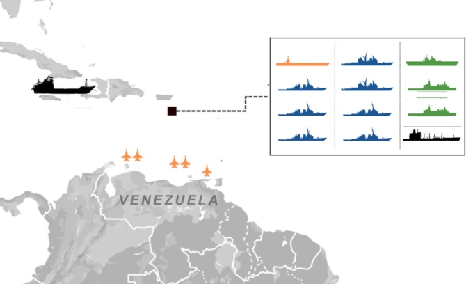 Bài binh bố trận của Mỹ xung quanh Venezuela. Bấm vào ảnh để xem đầy đủ