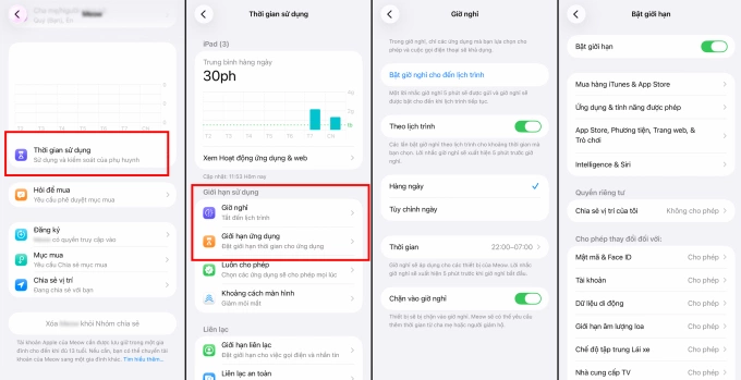 Màn hình thiết lập thời gian sử dụng cho iPad trên máy của phụ huynh.