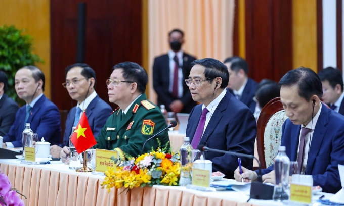 Thủ tướng Phạm Minh Chính tại cuộc hội đàm với Thủ tướng Campuchia Hun Manet hôm 8/12. Ảnh: VGP