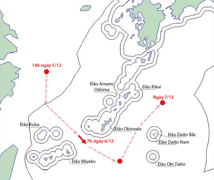 Hướng di chuyển và vị trí của nhóm tác chiến tàu sân bay Liêu Ninh (chấm đỏ) ngày 5-7/12. Đồ họa: BQP Nhật Bản