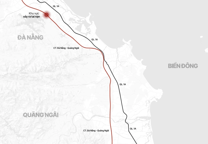 Khu vực xảy ra tai nạn khiến 3 người chết trên cao tốc Đà Nẵng - Quảng Ngãi. Đồ họa: Tâm Thảo