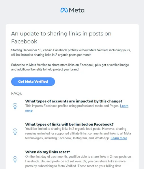 Một ảnh chụp màn hình cho thấy Meta yêu cầu người dùng đăng ký Meta Verify để được đăng liên kết website. Ảnh: Laurens Hof/BSky