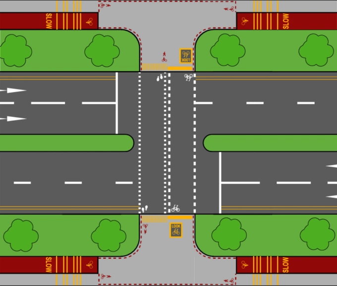 Minh họa cho một lối giao lộ và phân cách luồng người đi bộ, đi xe đạp, vạch giảm tốc, và vạch qua đường với các biểu tượng sơn trên mặt đường. Nguồn: LTA