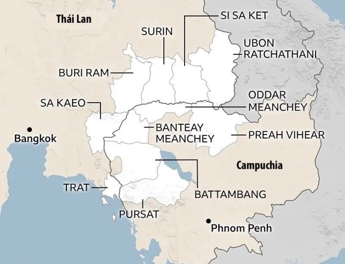 Biên giới Thái Lan và Campuchia. Đồ họa: BBC