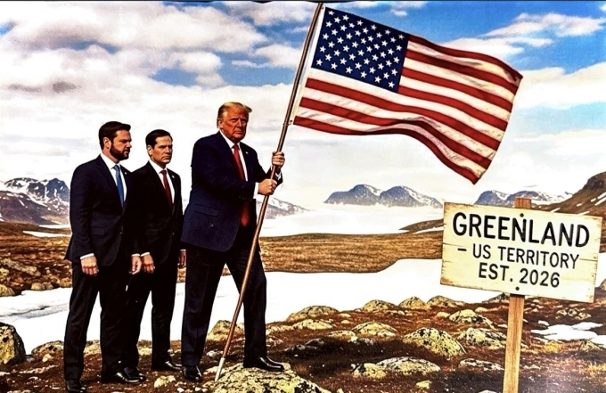 Bức ảnh tạo bằng AI cho thấy ông Trump cắm cờ ở Greenland được Tổng thống Mỹ đăng trên tài khoản Truth Social. Ảnh: Truth Social/realDonaldTrump