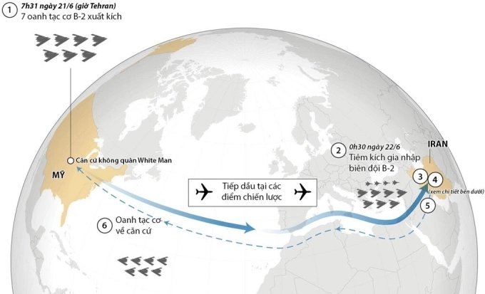 Hành trình di chuyển của các oanh tạc cơ B-2 tập kích Iran. Bấm vào ảnh để xem chi tiết