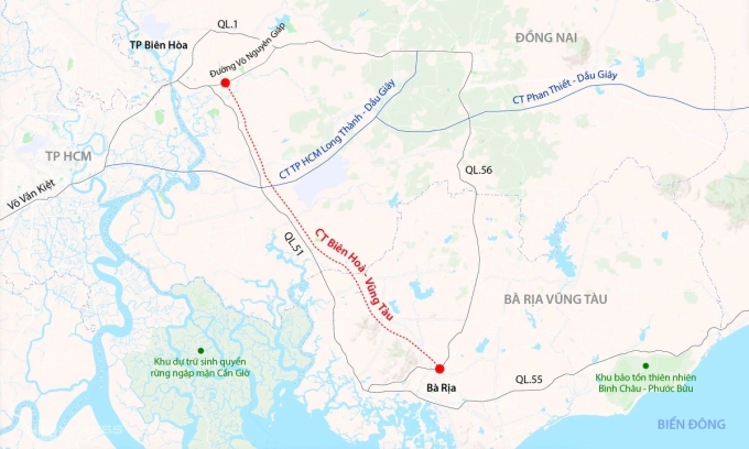 Hướng tuyến cao tốc Biên Hòa - Vũng Tàu. Đồ họa: Đăng Hiếu