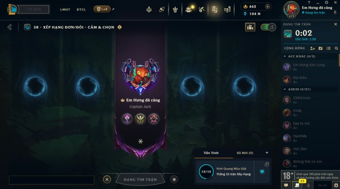 Thời gian chờ xếp hạng Đơn/Đôi tăng lên. Thời gian chờ xếp hạng Đơn/Đôi tăng lên.