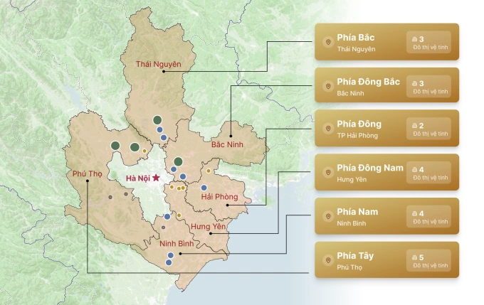 Định hướng chùm đô thị vệ tinh của Hà Nội theo Đồ án Quy hoạch tổng thể Thủ đô với tầm nhìn 100 năm. Đồ họa: Khánh Hoàng