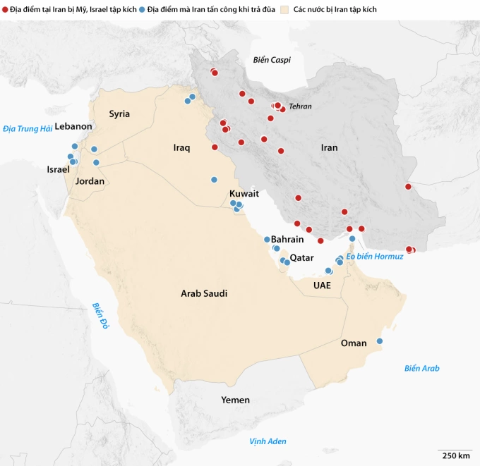 Các mục tiêu bị tập kích trong xung đột giữa Mỹ - Israel và Iran. Đồ họa: CNN
