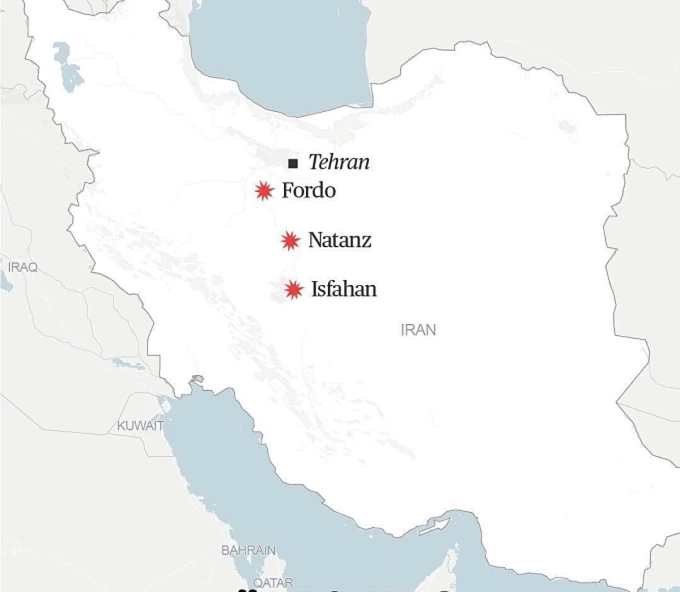 Vị trí các cơ sở hạt nhân Fordow, Natanz và Esfahan của Iran. Đồ họa: NBC