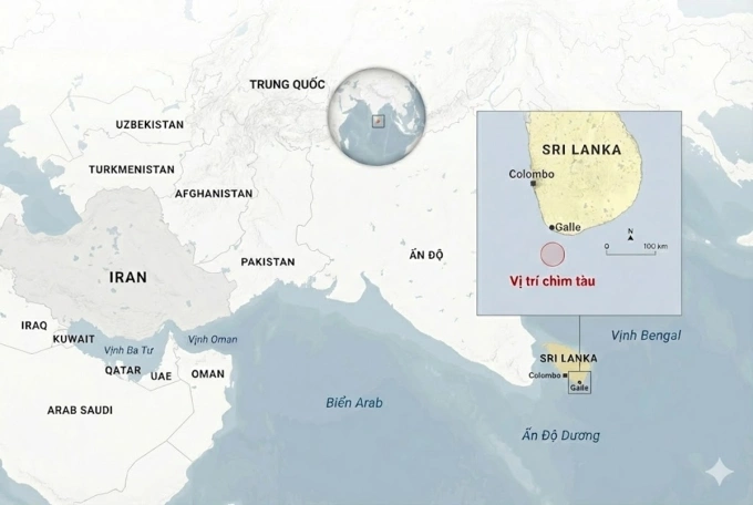 Vị trí tàu chiến Iran chìm. Đồ họa: Anadolu Agency