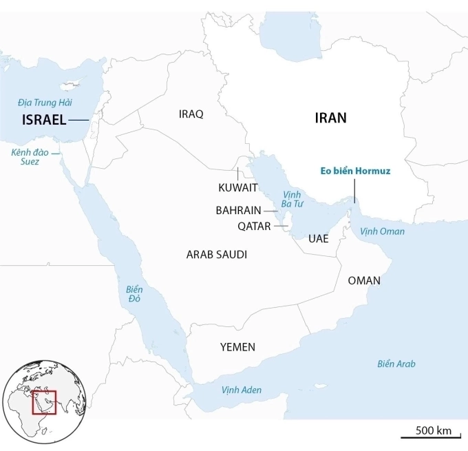 Vị trí Eo biển Hormuz. Đồ họa: Guardian