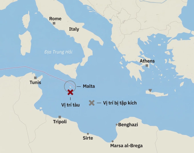Vị trí tàu Arctic Metagaz trôi dạt gần Malta và Italy trên biển Địa Trung Hải. Đồ họa: NTV.de