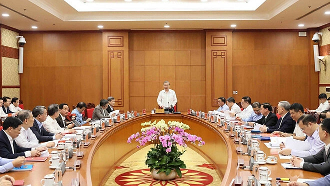 Tổng Bí thư và Thường trực Ban Chỉ đạo Trung ương về phòng chống tham nhũng, lãng phí, tiêu cực tại cuộc họp. Ảnh: TTXVN