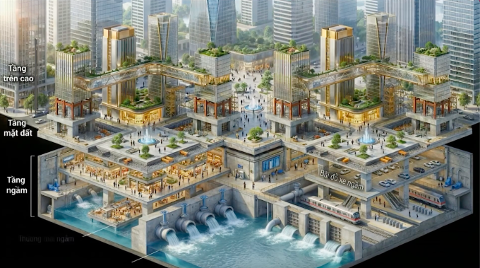 Phối cảnh phát triển Hà Nội theo mô hình đa tầng, đa lớp, theo đồ án Quy hoạch tổng thể Thủ đô Hà Nội tầm nhìn 100 năm.