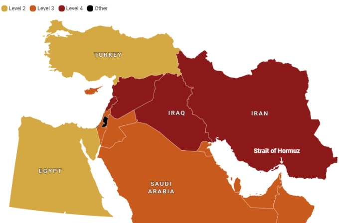 Cảnh báo đi lại của Mỹ tại các nước Trung Đông. Đồ họa: US News