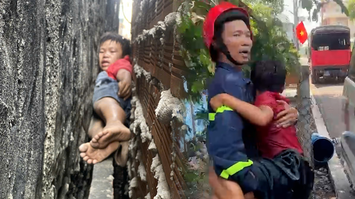 Dùng dầu ăn kéo bé trai mắc kẹt trong khe tường 20 cm ra ngoài