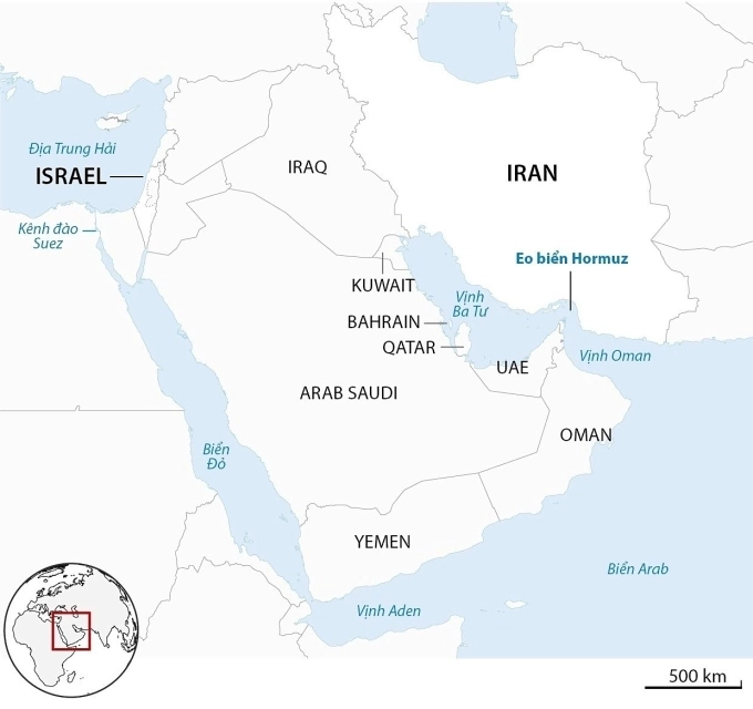Vị trí các quốc gia Trung Đông và eo biển Hormuz. Đồ họa: Guardian
