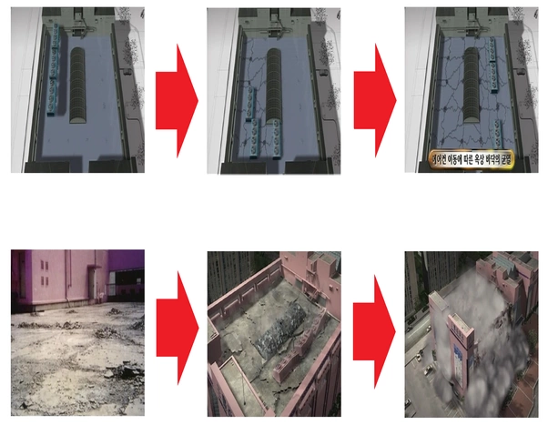 Đồ họa mô phỏng quá trình từ di chuyển dàn điều hòa gây ra các vết nứt trên sàn mái, đến khi dàn điều hòa đổ sụp xuống. Ảnh: Aju News