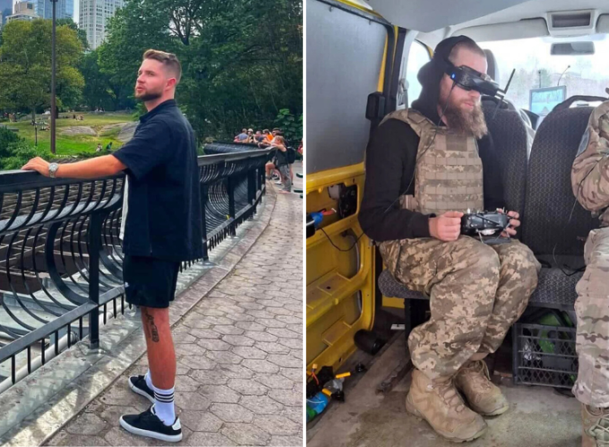 Dudnyk tại thành phố New York (trái) và lúc chiến đấu trong lực lượng Ukraine khi bị trục xuất khỏi Mỹ. Ảnh: CNN