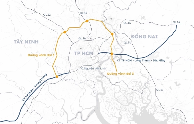 Hướng tuyến Vành đai 3 TP HCM, đoạn ngắt quãng thuộc tuyến Bến Lức - Long Thành. Đồ họa: Khánh Hoàng