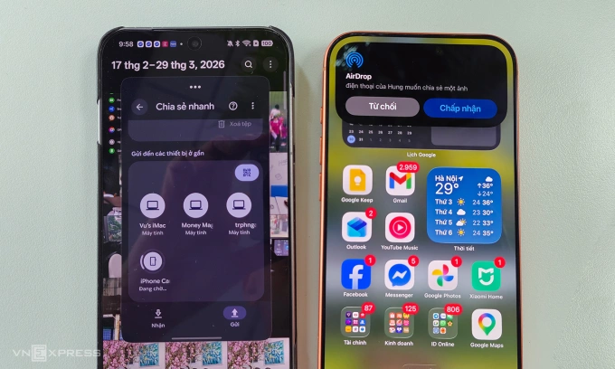 Chuyển ảnh qua AirDrop từ Oppo Find X9 Pro sang iPhone 17 Pro Max. Ảnh: Tuấn Hưng