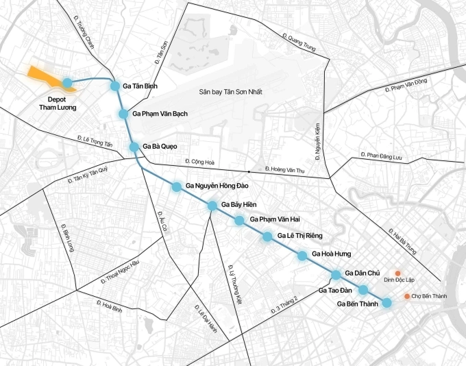 Hướng tuyến metro Bến Thành - Tham Lương. Đồ họa: Tâm Thảo