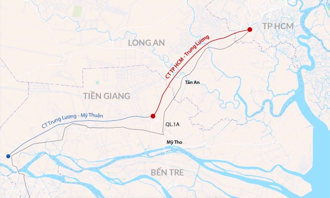 Hướng tuyến cao tốc TP HCM - Trung Lương - Mỹ Thuận. Đồ họa: Đăng Hiếu