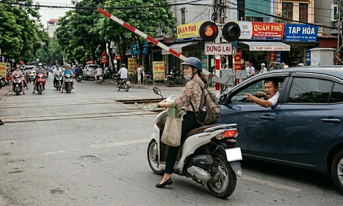 Tài xế ôtô hét vào mặt tôi vì dừng xe khi rào chắn đường sắt chưa hạ