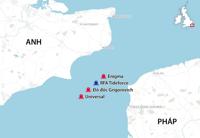 Thứ tự tàu dầu và chiến hạm Nga qua eo biển Manche ngày 8/4. Đồ họa: Telegraph