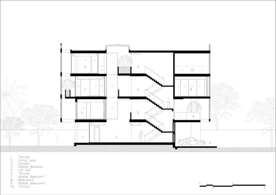 Sơ đồ mặt cắt biệt thự cho thấy hệ thống sân trong và thông tầng