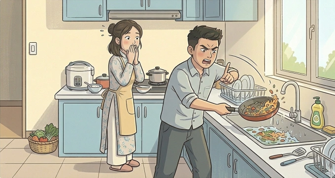 Chồng hất đổ chảo đồ ăn chỉ vì tôi than mệt