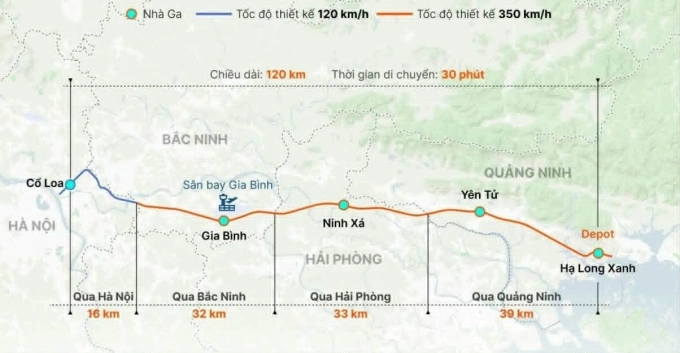 Bản đồ hướng tuyến đường sắt cao tốc Hà Nội - Quảng Ninh. Đồ họa: Hoàng Khánh