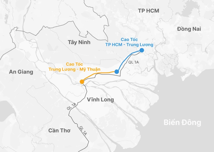 Hướng tuyến cao tốc TP HCM - Trung Lương - Mỹ Thuận. Đồ họa: Hoàng Thanh