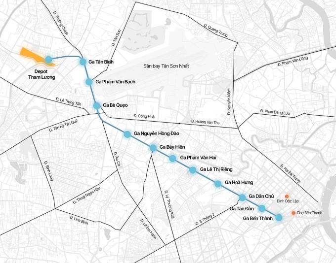 Hướng tuyến metro Bến Thành - Tham Lương. Đồ họa: Tâm Thảo