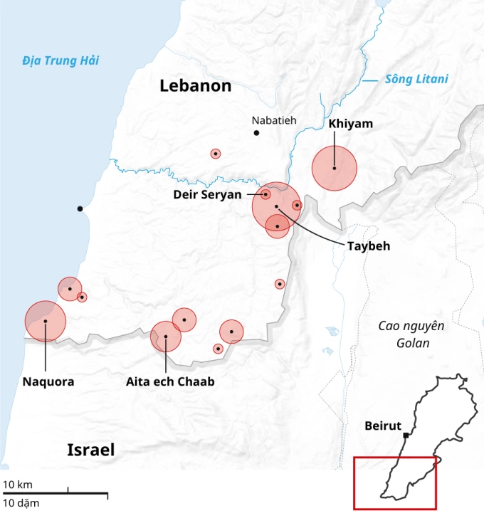Các làng miền nam Lebaon nằm trong chiến dịch phá hủy của Israel, từ ngày 2/3 đến ngày 4/4. Đồ họa: ACLED