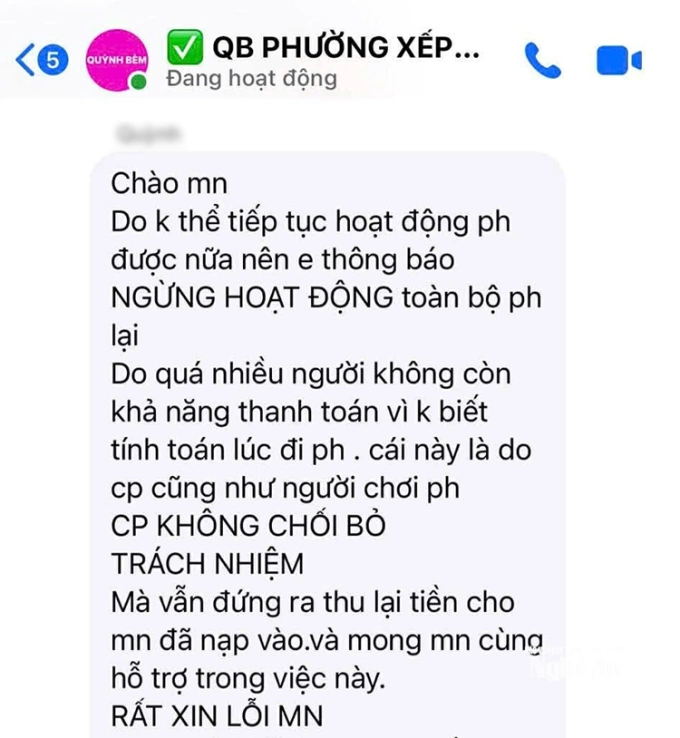 Thông báo về việc tạm dừng hoạt động nhóm Messenger của chủ hụi. Ảnh: Nhân vật cung cấp