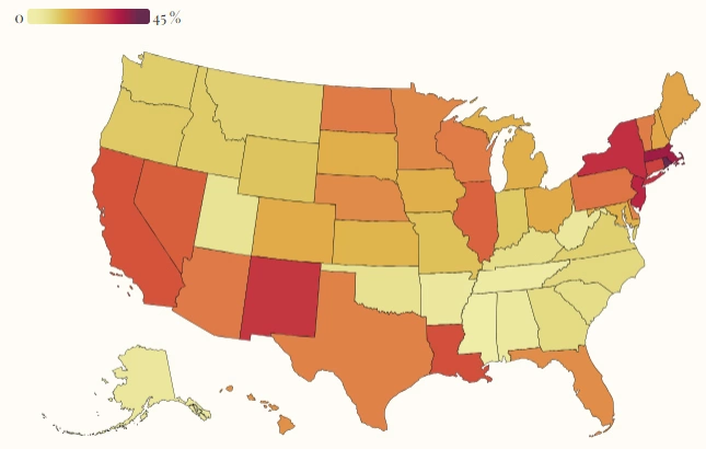Tỷ lệ người Công giáo tại các bang ở Mỹ. Đồ họa: Newsweek