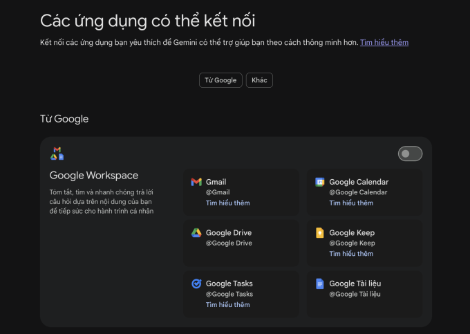 Giao diện chọn các ứng dụng có thể kết nối vào Gemini. Ảnh chụp màn hình