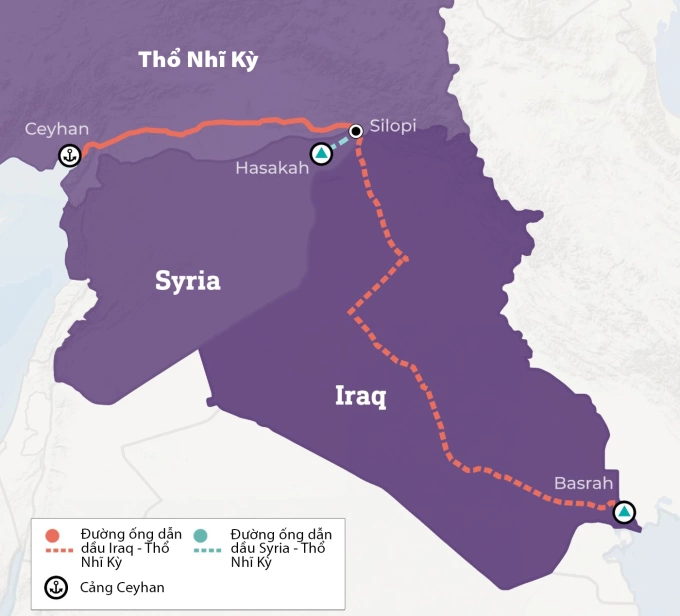 Các dự án đường ống dẫn dầu kết nối Thổ Nhĩ Kỳ với Syria, Iraq. Đồ họa: MEE