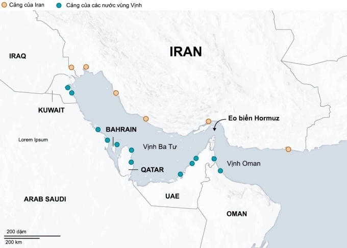 Vị trí eo biển Hormuz và các cảng ở vùng Vịnh. Đồ họa: WSJ