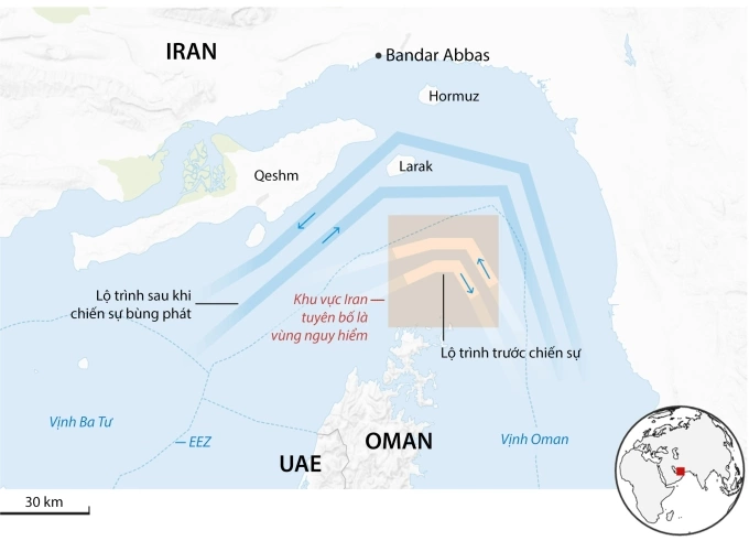 Tuyến đường Iran vạch ra cho các tàu đi qua eo biển Hormuz. Đồ họa: Guardian