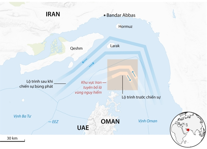 Tuyến đường Iran vạch ra cho các tàu đi qua eo biển Hormuz. Đồ họa: Guardian