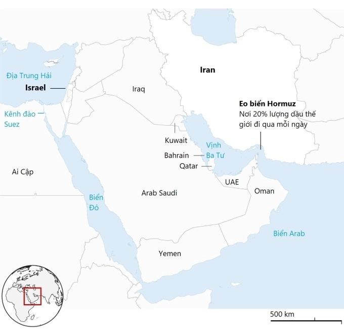 Vị trí eo biển Hormuz. Đồ họa: Guardian