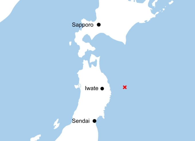 Vị trí xảy ra động đất (gạch chéo đỏ) ngoài khơi đảo Honshu ngày 20/4. Đồ họa: Japan News