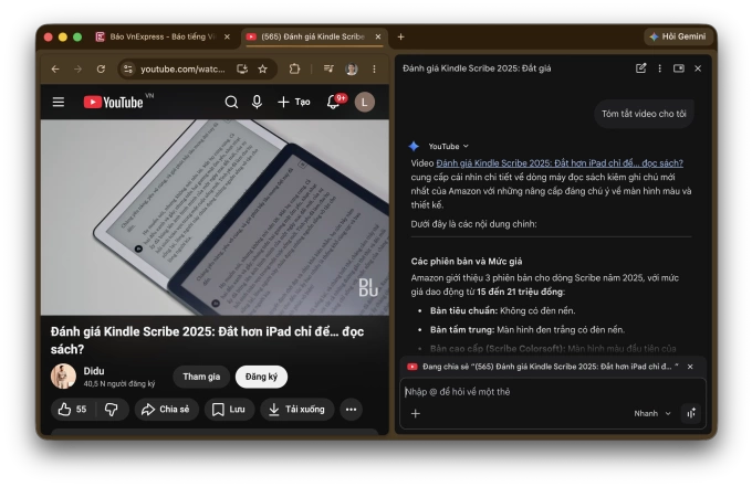Thử nghiệm dùng Gemini trên Chrome tóm tắt một video YouTube. Ảnh chụp màn hình