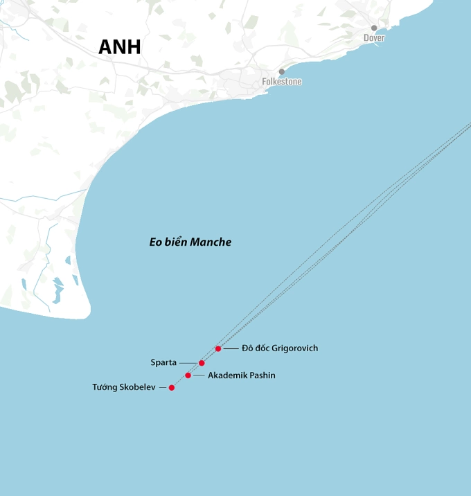 Thứ tự tàu đi qua eo biển Manche hôm 23/4. Đồ họa: Telegraph